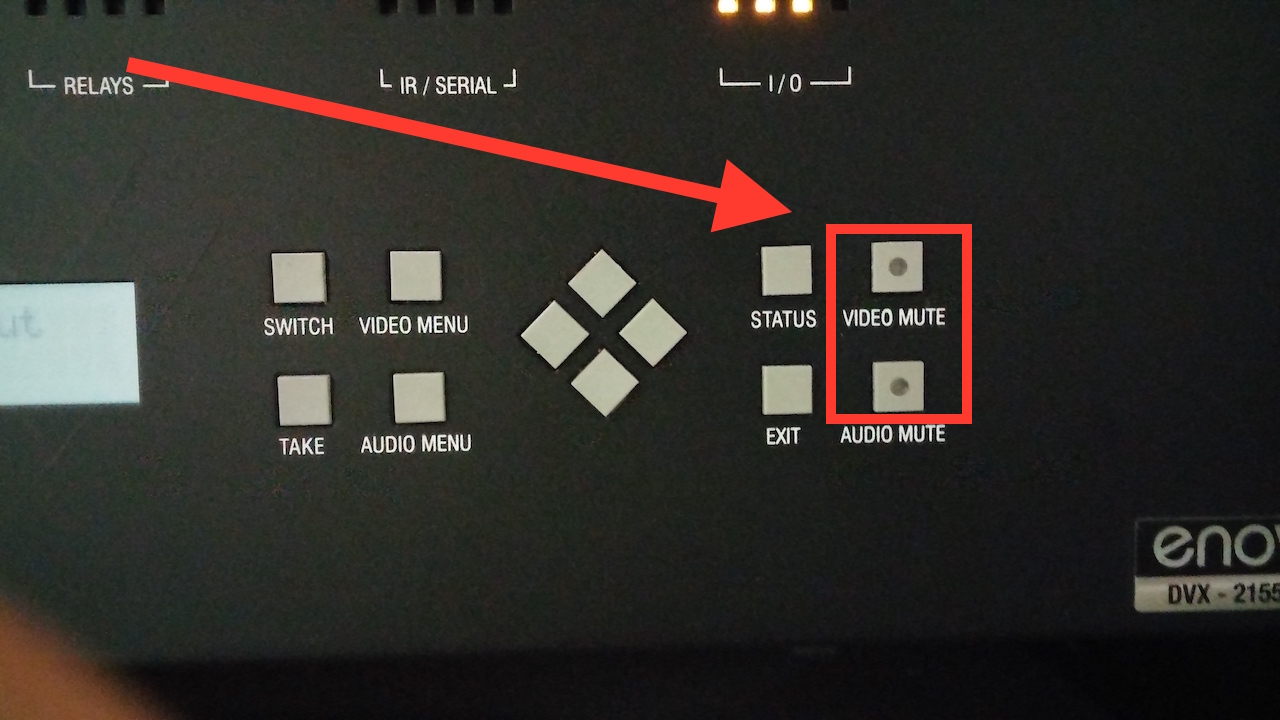DVX switcher with audio and video mute buttons highlighted